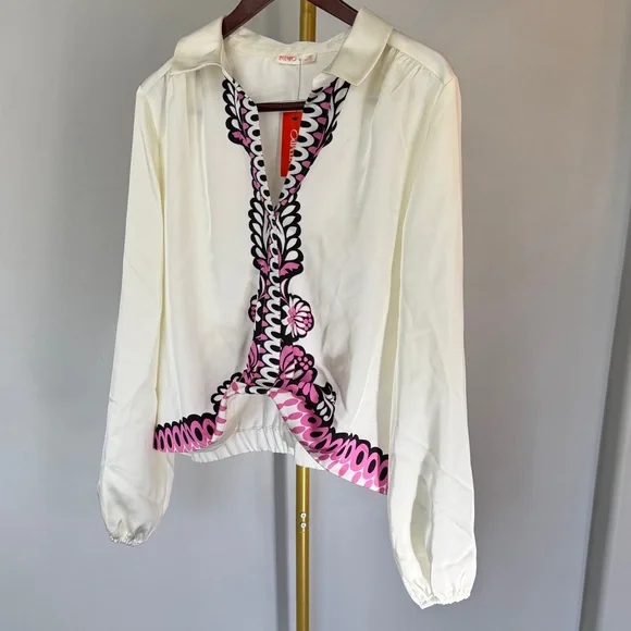 Intempo Cream Blouse with Black & Pink Graphic Trim NEW XXL - Picture 5 of 11